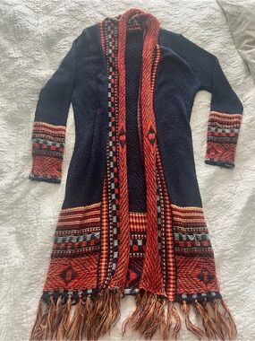 Boho Long Open-Front Knit Cardigan with Red Patterned Trim